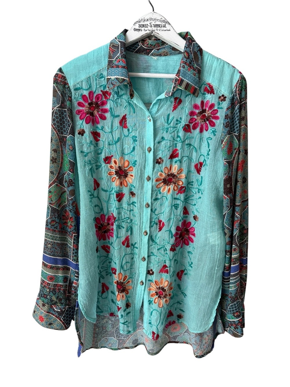 Cyrena Embroidered Button Front Blouse With Roll Tab Sleeves Size S